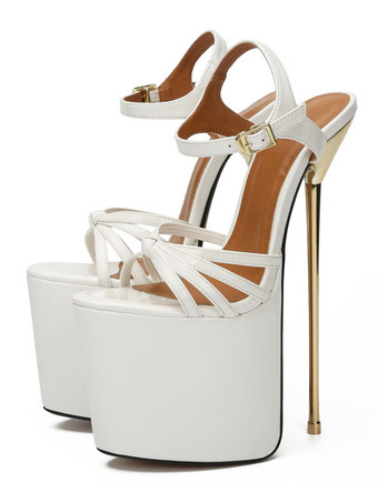 ホワイト 女性のためのセクシーなスカイハイヒールサンダルブラックPUレザーオープントゥスチレットヒールセクシーなアンクルストラップヒール ポールダンスシューズ