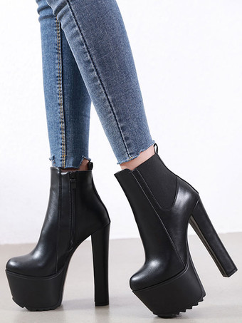 女性アンクル ブーツ ラウンド トゥ チャンキー ヒール PU レザー ハイヒール ブラック ミディアム ブーツ