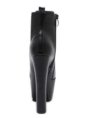 女性アンクル ブーツ ラウンド トゥ チャンキー ヒール PU レザー ハイヒール ブラック ミディアム ブーツ