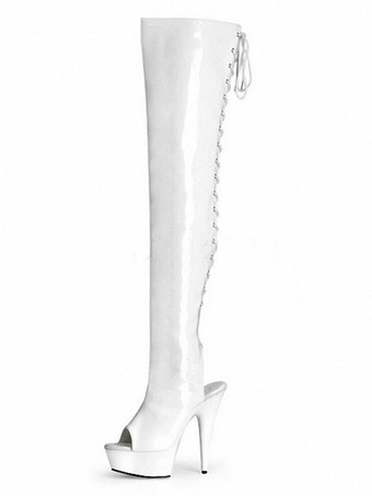 ホワイト 女性セクシースカイハイヒールブーツのぞき見つま先ジッパースタープリントスティレットヒールボールブラックオーバーニーブーツ ポールダンスシューズ