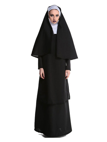 ハロウィン 女性のためのハロウィーンの修道女コスチューム黒のフード付きロングドレス帽子ホリデーコスチュームフルセット