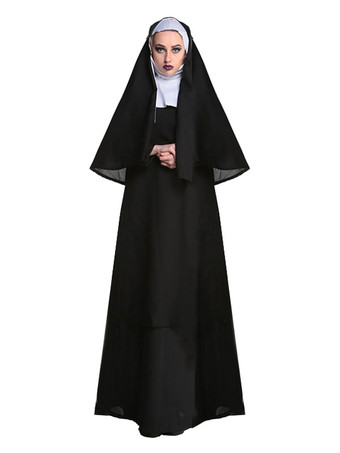 ハロウィン 女性のためのハロウィーンの修道女コスチューム黒のフード付きロングドレス帽子ホリデーコスチュームフルセット