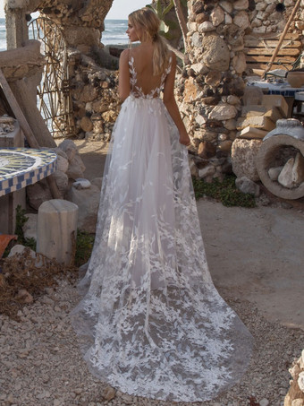 ホワイトシンプルなカジュアルウェディングドレスレースVネックノースリーブバックレスレースAラインブライダルドレス