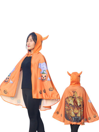 オレンジハロウィンコスチュームアクセサリーマントケープポリエステルモンスタープリントパターンパープルコスチュームケープ