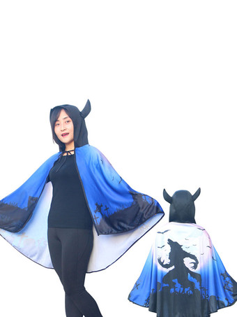 ロイヤルブルーハロウィンコスチュームアクセサリーマントケープポリエステルモンスタープリントパターンパープルコスチュームケープ