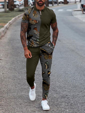 verde cazador Ropa deportiva para hombre  2 piezas  manga corta  cuello vuelto  caqui