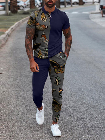 Azul marino oscuro  Ropa deportiva para hombre  2 piezas  manga corta  cuello vuelto  caqui