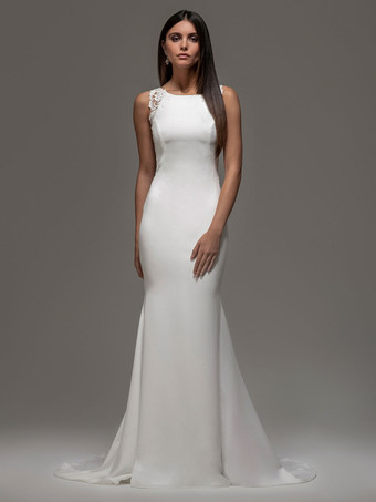 Vestido de novia de sirena blanca con tren sin mangas de encaje elástico crepé joya cuello vestidos de novia largos
