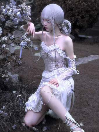 ゴスロリ JSK ドレス パンクノースリーブ フリル レース クロス柄 ロリータ ジャンパースカート ホワイト