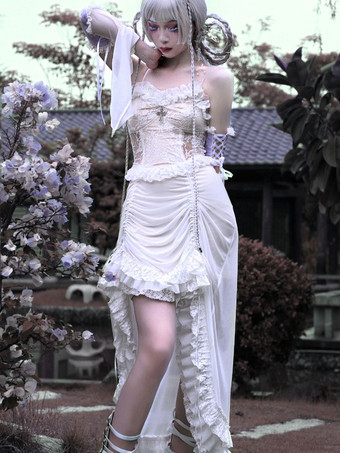 ゴスロリ JSK ドレス パンクノースリーブ フリル レース クロス柄 ロリータ ジャンパースカート ホワイト