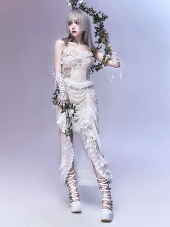 ゴスロリ JSK ドレス パンクノースリーブ フリル レース クロス柄 ロリータ ジャンパースカート ホワイト