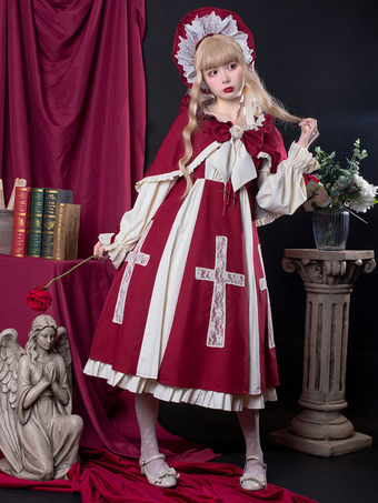 Gothic Lolita OP Dress Burgundy Long Sleeve Lace Polyester Ruffles Cross Pattern Lolita One Piece Dress
