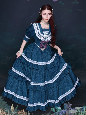 Klassisches Lolita OP Kleid Blau Grau Spitze Rüschen Kurze Ärmel Lolita Einteiliges Kleid