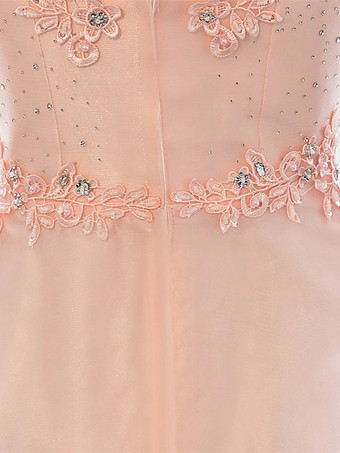 ピンクのシンプルなウェディングドレス夜会服ジュエルネックノースリーブソフトチュールアップリケ床の長さのブライダルガウン