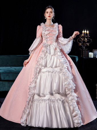 Vestido de graduación rosa Retro disfraces para mujer lado drapeado plisado Marie Antoinette disfraz vestido estilo europeo ropa Vintage
