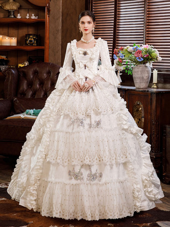 ウエディングドレス白いレトロなコスチュームドレス女性のためのマリーアントワネットコスチュームユーロスタイルのパーティーウエディングドレス