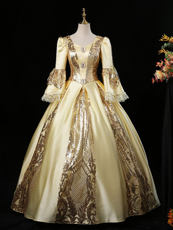 イエロービクトリア朝のロココ調の衣装ドレス 赤いマリーアントワネットの衣装 舞踏会のガウン バーガンディ