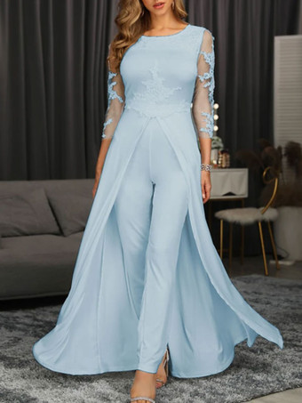 ベビーブルーブラック マザードレス ジュエルネック 3/4 丈 袖 シース アップリケ ウェディング ゲストドレス 無料カスタマイズ