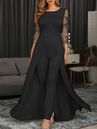 Vestido de mãe preto com decote em joia mangas 3/4 bainha apliques vestidos de casamento para convidados
