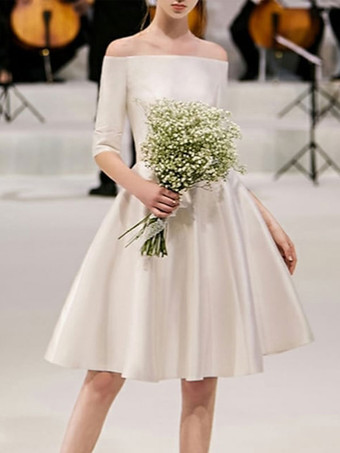 Ecru White Short Wedding Dresses 2024 Off-The-Shoulder Half Sleeves A-Line Satin Fabric Knee Length Bridal Gowns 