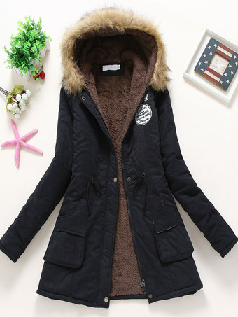 ブラック 女性の冬のコート ライト ピンク フード付きコットン アウターウェア