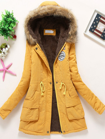 イエロー女性の冬のコート ライト ピンク フード付きコットン アウターウェア