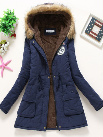 ダークネイビー女性の冬のコート ライト ピンク フード付きコットン アウターウェア