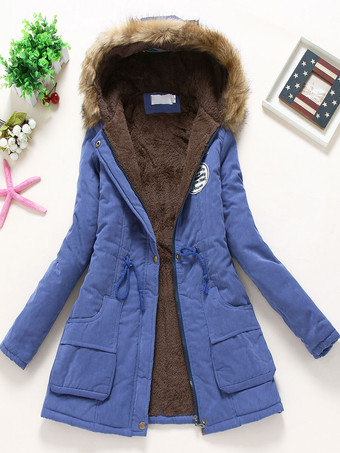 ブルー 女性の冬のコート ライト ピンク フード付きコットン アウターウェア
