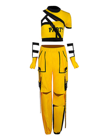 レディース ジャズダンス衣装 ヒップホップ ツーピースセット（お揃いの手袋付き、イエロー ストリートウェアスタイル）