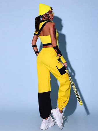 レディース ジャズダンス衣装 ヒップホップ ツーピースセット（お揃いの手袋付き、イエロー ストリートウェアスタイル）