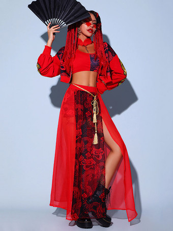 女性のためのジャズダンスコスチュームポリエステルコルセットオーバーコートスプリットスカートサッシュ4ピースセットダンスウェア