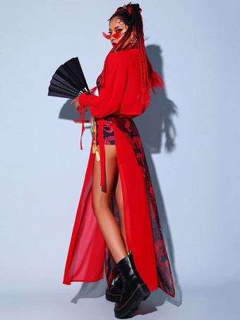 女性のためのジャズダンスコスチュームシフォンエプロンジャンプスーツオーバーコートサッシュ4ピースセットダンスウェア