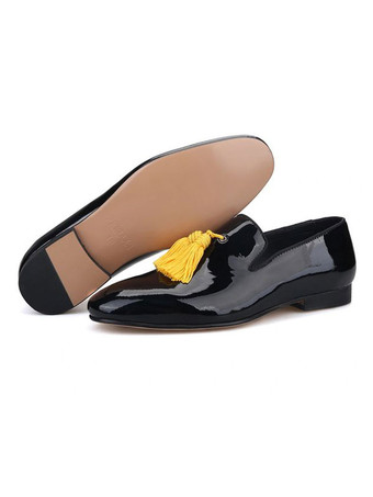 メンズローファーシューズ人気の花アートワークスリッポンスクエアトゥPUレザーブラックローファー