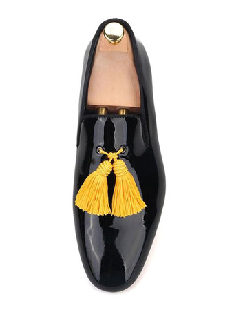 メンズローファーシューズ人気の花アートワークスリッポンスクエアトゥPUレザーブラックローファー