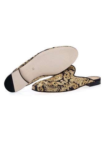 メンズ ゴールド刺繍 キャンバス ミュール ローファー