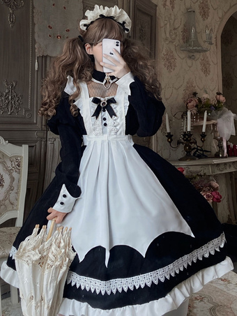 Gothic Lolita JSK Kleid 2-teiliges Set Schwarz Lange Ärmel Rüschen Polyester Weiße Schürze Schwarzer Lolita Jumper Rock Outfit
