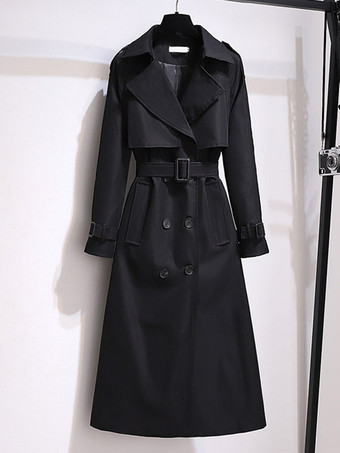 ブラック 女性用ロングコートターンダウンカラー長袖カジュアル厚手カーキウールコート