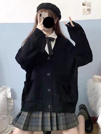 ブラック エクリュホワイトロリータカーディガンポリエステル長袖春ロリータセーターアウトウェア