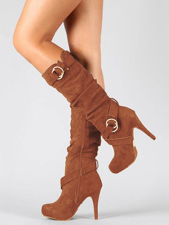 ディープブラウン女性の前かがみバックル スティレット ヒール ニーハイ ブーツ