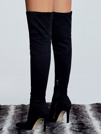 ブラック スエードの女性用スティレット ヒール サイハイ ブーツ