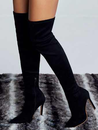 ブラック スエードの女性用スティレット ヒール サイハイ ブーツ