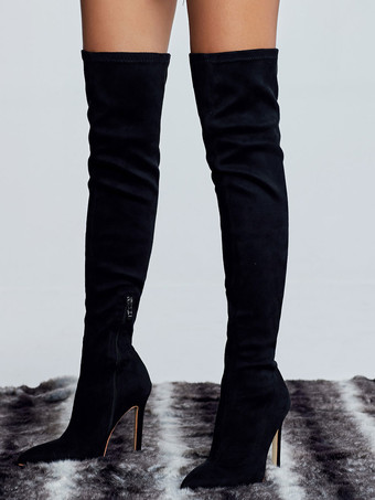 ブラック スエードの女性用スティレット ヒール サイハイ ブーツ