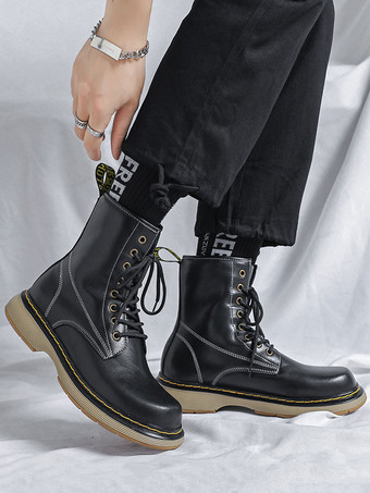 メンズ モーターサイクル コンバット フラットフォーム レースアップ アンクルブーツ