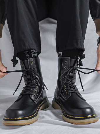 メンズ モーターサイクル コンバット フラットフォーム レースアップ アンクルブーツ