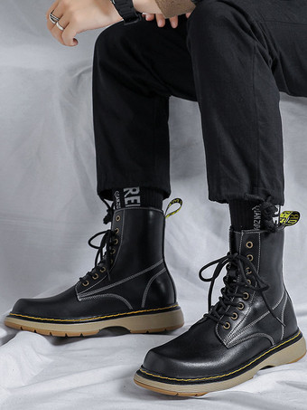 メンズ モーターサイクル コンバット フラットフォーム レースアップ アンクルブーツ