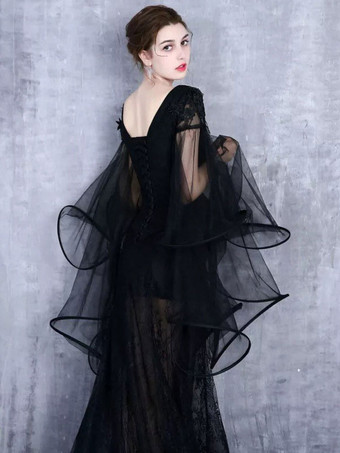 ゴシックブラックのウェディングドレス A ライン長袖レーストレインブライダルガウン無料カスタマイズ