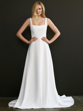 White Simple Causal Wedding Dress A-Line Square Neckline Sleeveless Backless Stretch Crepe Long Bridal Dresses Free Customization