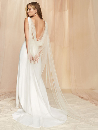 アイボリーシンプルなウェディングドレスシーススクエアネックノースリーブ背中の開いたストレッチクレープチュールロングブライダルガウン