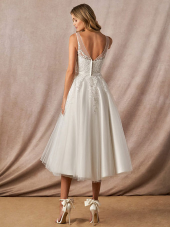 ホワイトシンプルなウェディングドレスAラインVネックノースリーブバックレスレースブライダルドレス