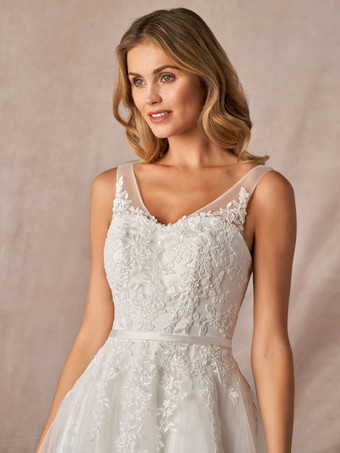 ホワイトシンプルなウェディングドレスAラインVネックノースリーブバックレスレースブライダルドレス